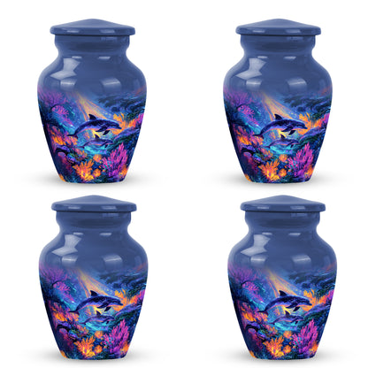 Cornflower Blue Dolphin Cremation Urn side profile showing urn shape - traditional dolphin engraving with hand-polished finish - 10 inch aluminum urn for cremated remains