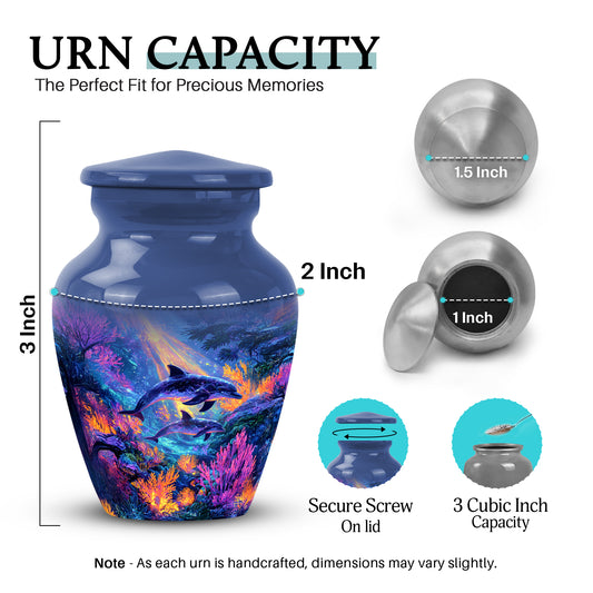 Indigo Dolphin Cremation Urn close-up of engraving and surface detail - timeless dolphin motif etched into premium metal - mini keepsake memorial for portion of cremation ashes