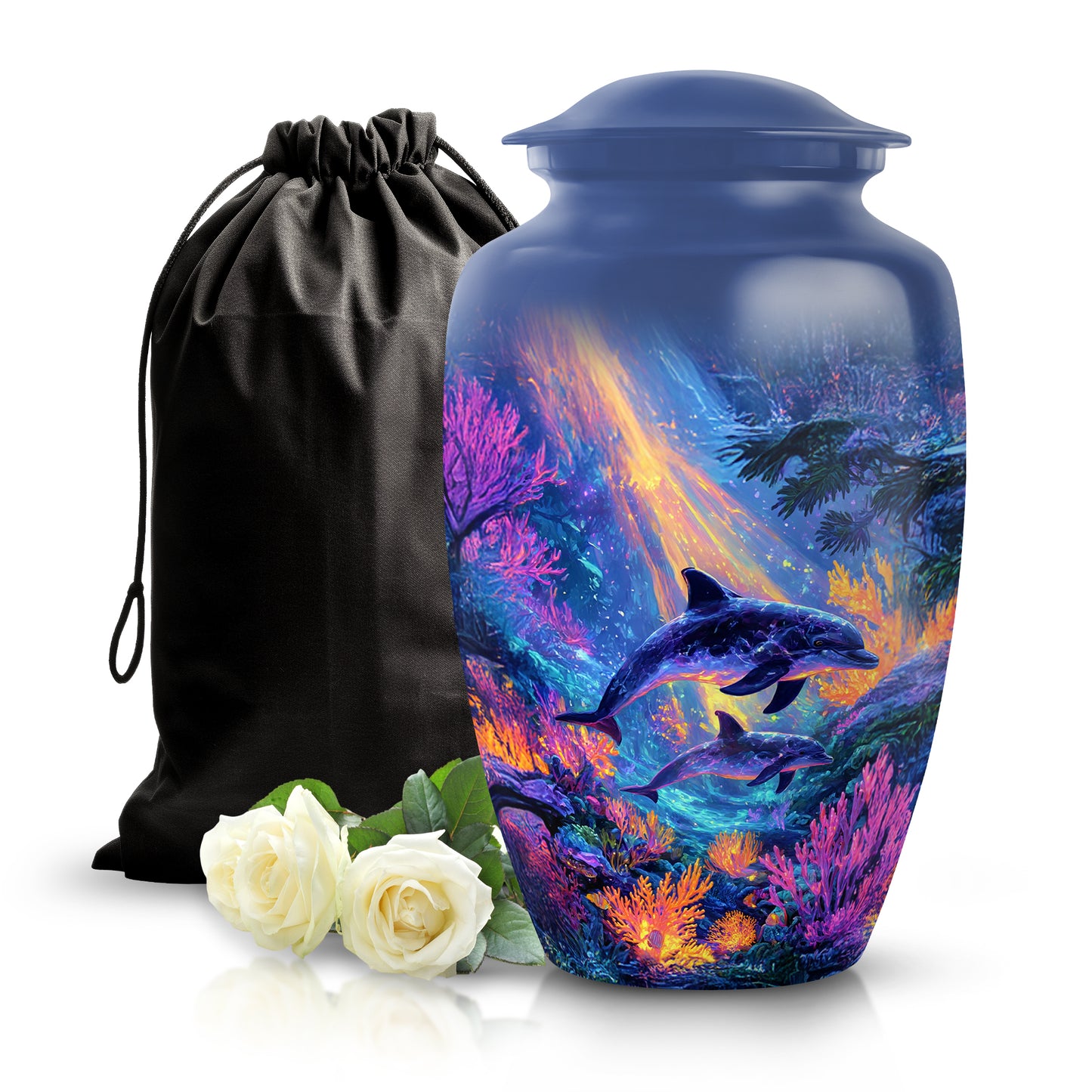 Serene Blue Dolphin Cremation Urn angled view of lid and engraved motif - traditional dolphin engraving with hand-polished finish - full-size 10 inch 200 cubic inch adult cremation urn