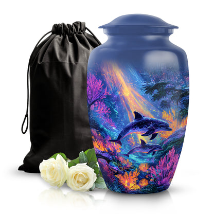 Serene Blue Dolphin Cremation Urn angled view of lid and engraved motif - traditional dolphin engraving with hand-polished finish - full-size 10 inch 200 cubic inch adult cremation urn