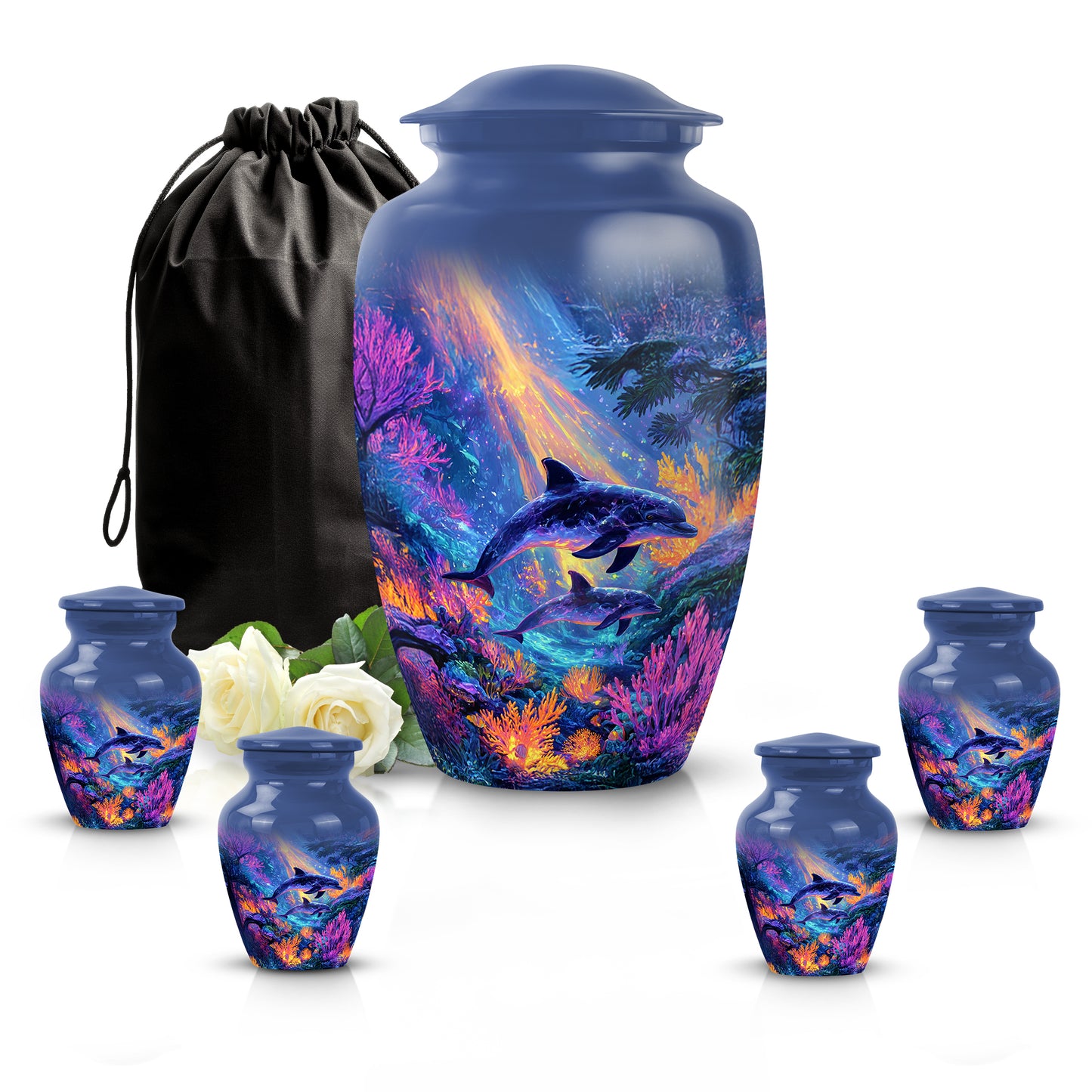 Celestial Blue Dolphin Cremation Urn top-down view of secure threaded lid - timeless dolphin motif etched into premium metal - memorial set with one large and four small urns