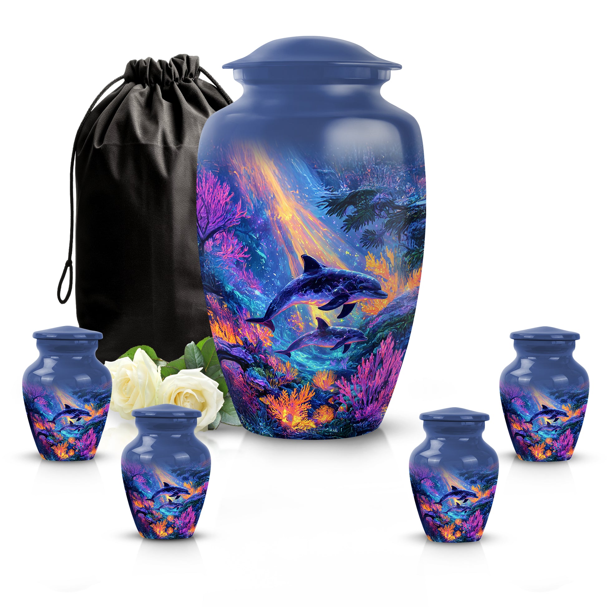 Celestial Blue Dolphin Cremation Urn top-down view of secure threaded lid - timeless dolphin motif etched into premium metal - memorial set with one large and four small urns