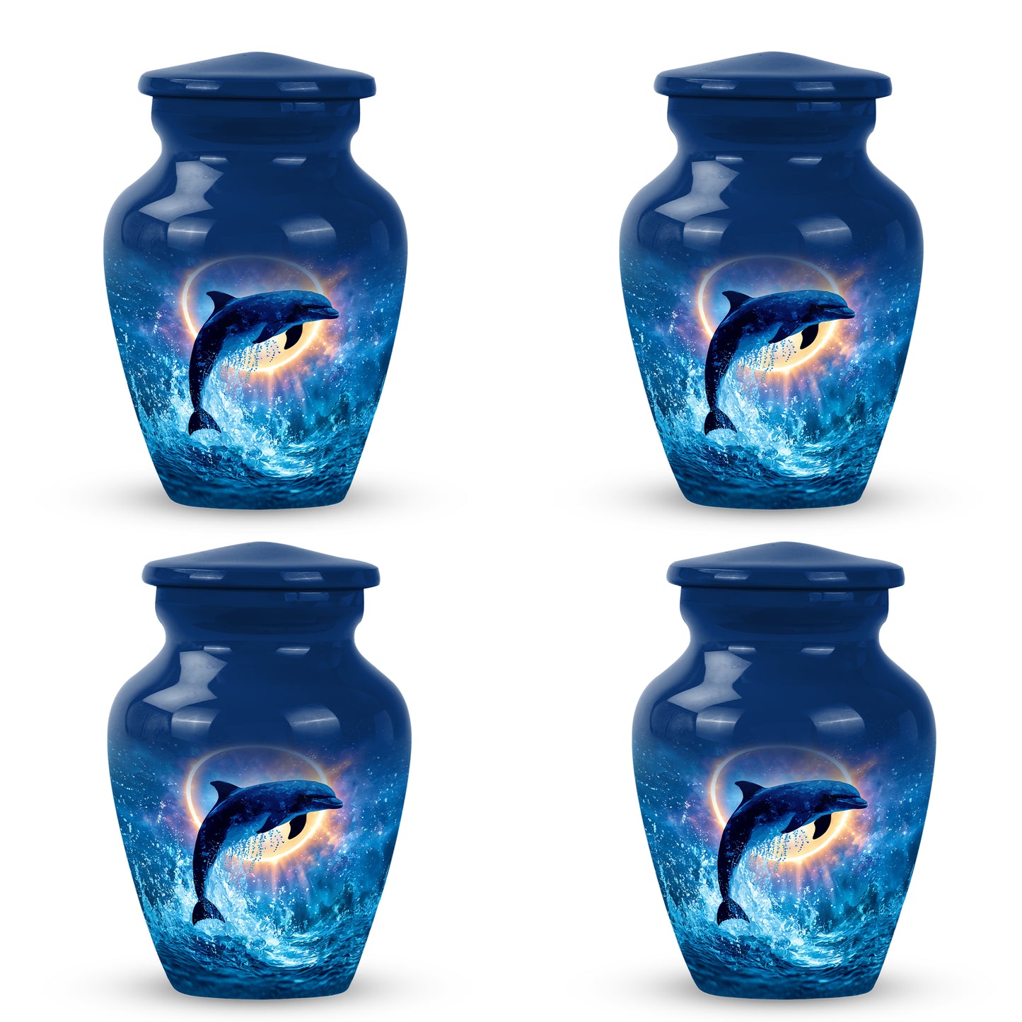 Cobalt Blue Dolphin Cremation Urn side profile showing urn shape - traditional dolphin engraving with hand-polished finish - 10 inch aluminum urn for cremated remains