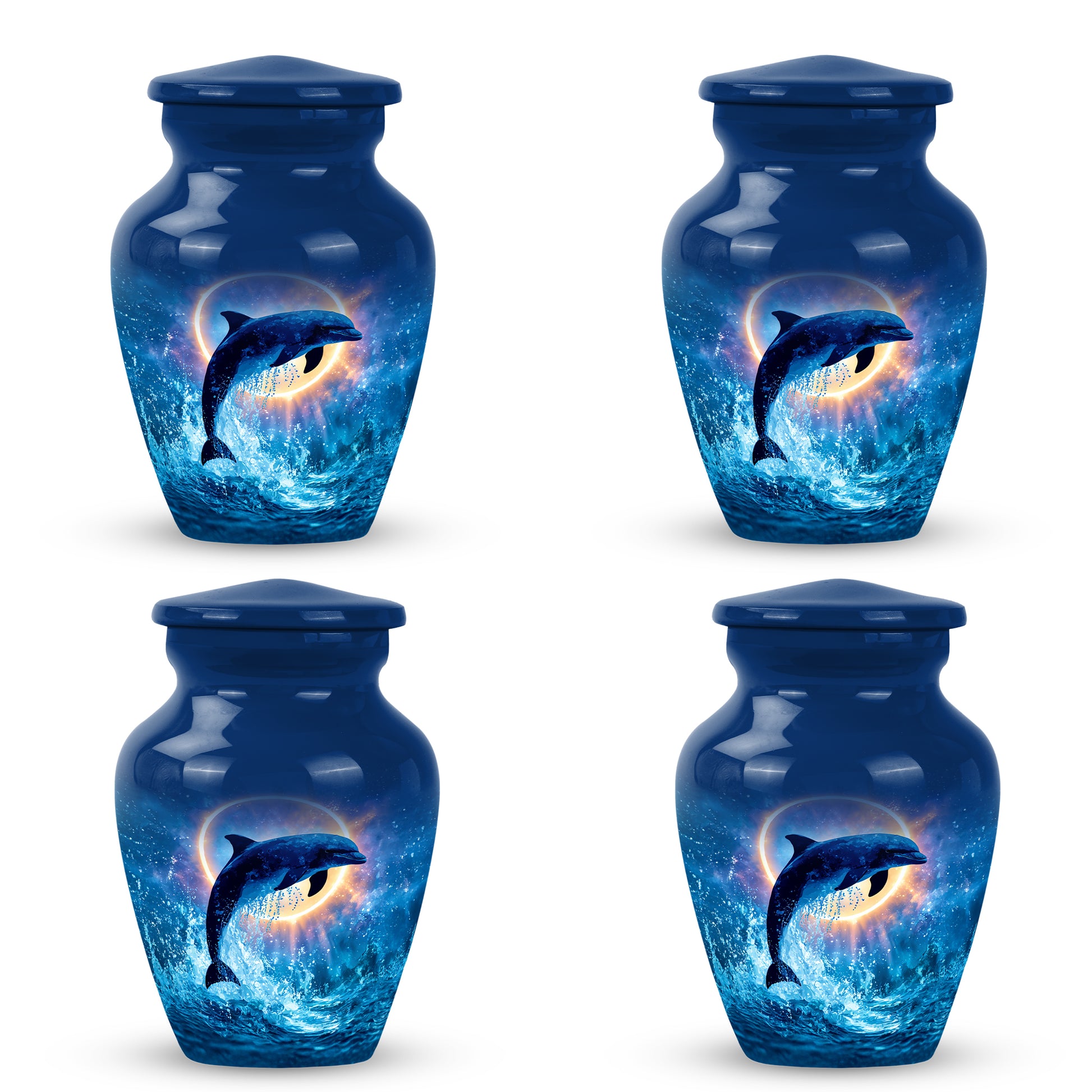 Cobalt Blue Dolphin Cremation Urn side profile showing urn shape - traditional dolphin engraving with hand-polished finish - 10 inch aluminum urn for cremated remains