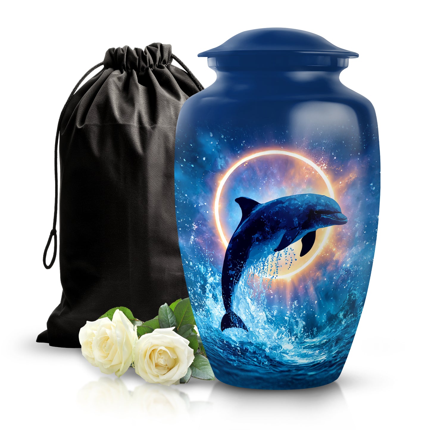 Vivid Blue Dolphin Cremation Urn angled view of lid and engraved motif - traditional dolphin engraving with hand-polished finish - full-size 10 inch 200 cubic inch adult cremation urn