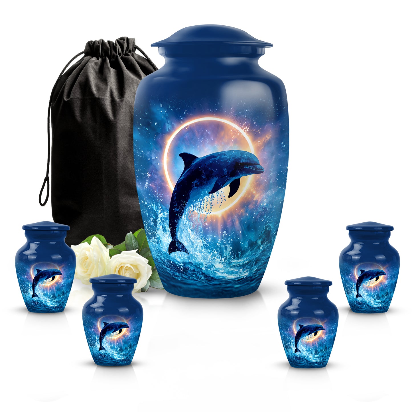 Sky Blue Dolphin Cremation Urn top-down view of secure threaded lid - classic sculpted dolphin pattern on smooth aluminum - memorial set with one large and four small urns