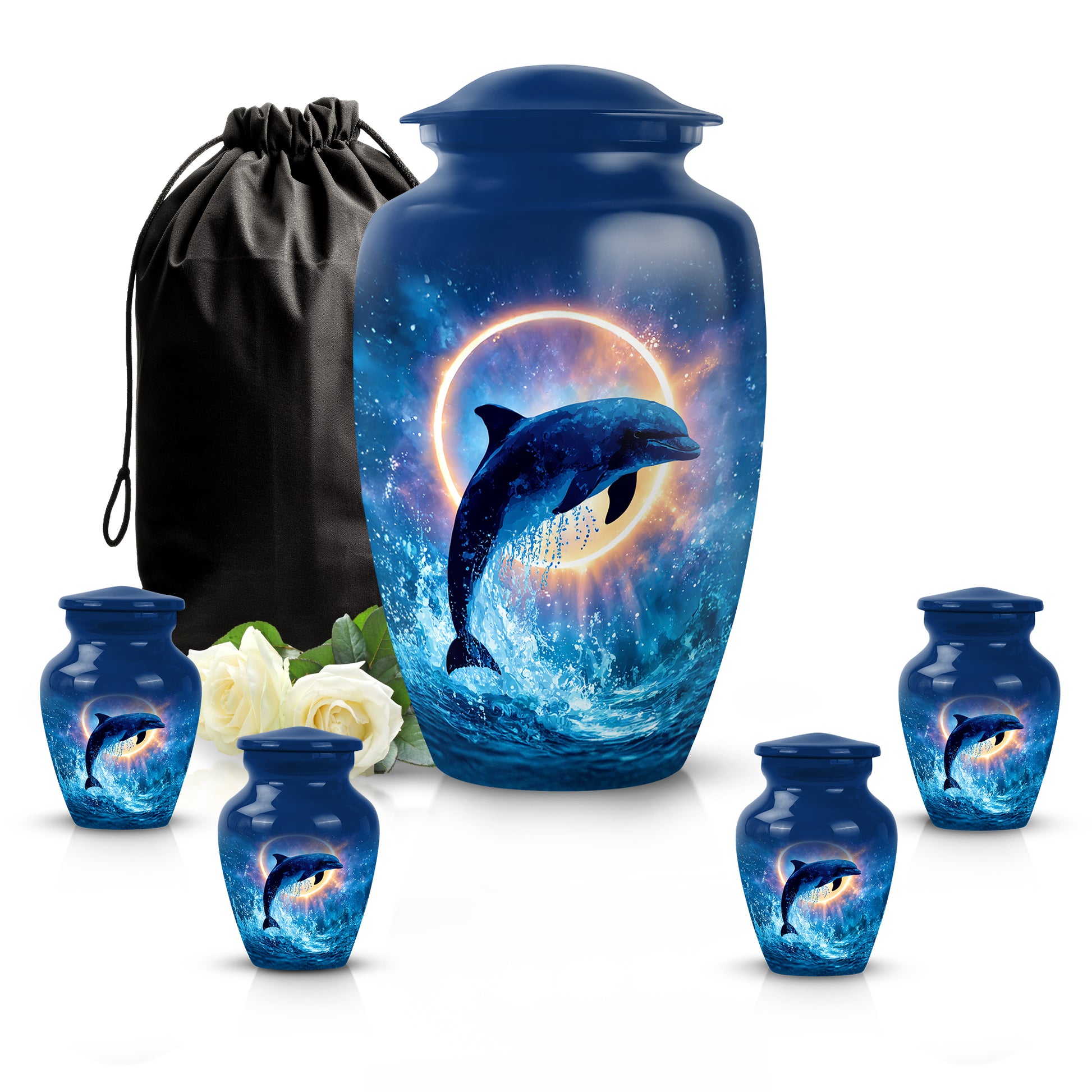 Sky Blue Dolphin Cremation Urn top-down view of secure threaded lid - classic sculpted dolphin pattern on smooth aluminum - memorial set with one large and four small urns
