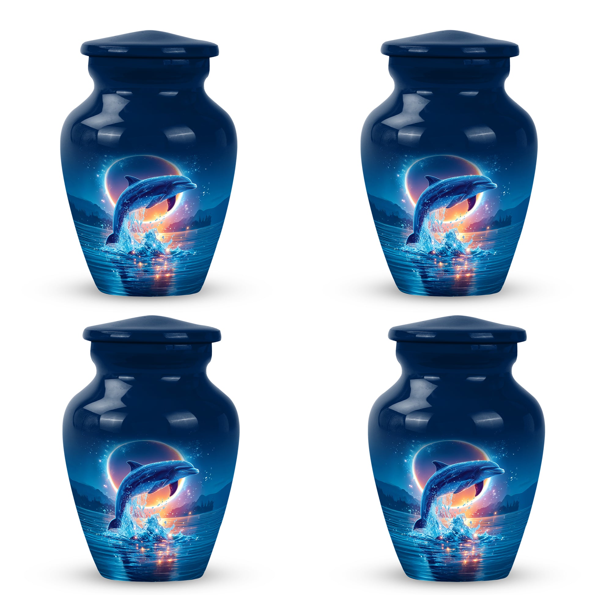 Icy Blue Dolphin Cremation Urn side profile showing urn shape - classic sculpted dolphin pattern on smooth aluminum - 10 inch aluminum urn for cremated remains