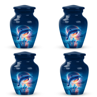 Icy Blue Dolphin Cremation Urn side profile showing urn shape - classic sculpted dolphin pattern on smooth aluminum - 10 inch aluminum urn for cremated remains