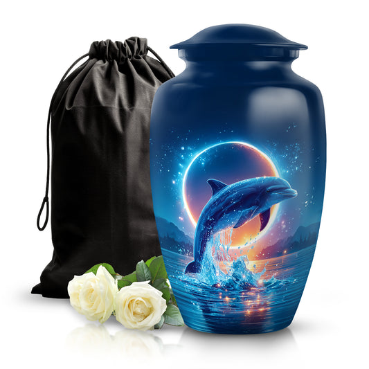 Cornflower Blue Dolphin Cremation Urn angled view of lid and engraved motif - traditional dolphin engraving with hand-polished finish - full-size 10 inch 200 cubic inch adult cremation urn