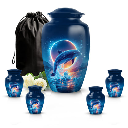 Sapphire Blue Dolphin Cremation Urn top-down view of secure threaded lid - elegant classic dolphin relief with fine detailing - memorial set with one large and four small urns