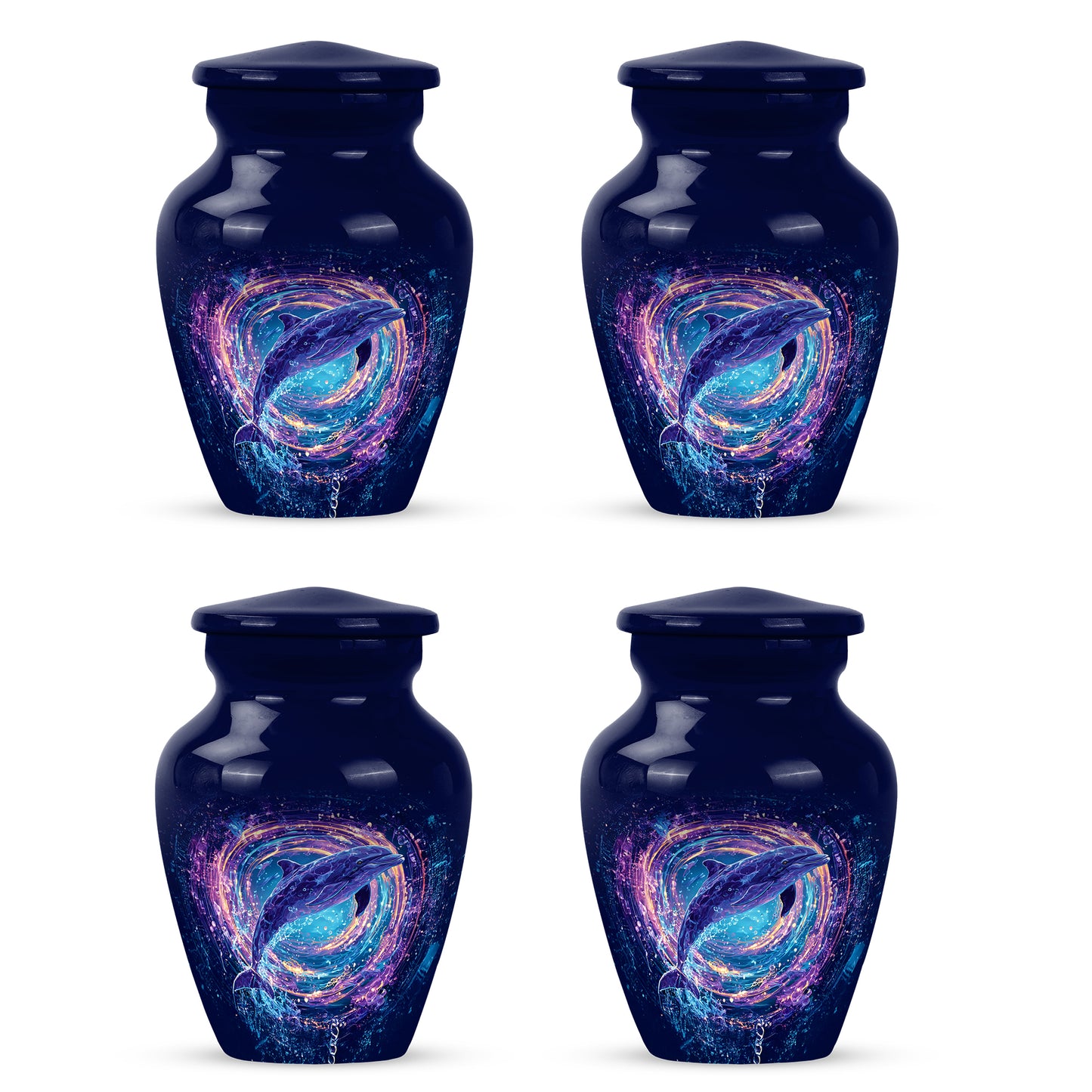 Azure Dolphin Cremation Urn side profile showing urn shape - timeless dolphin motif etched into premium metal - 10 inch aluminum urn for cremated remains