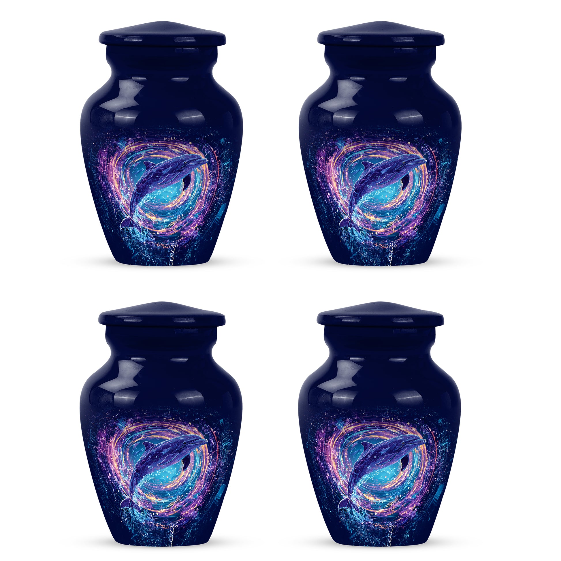 Azure Dolphin Cremation Urn side profile showing urn shape - timeless dolphin motif etched into premium metal - 10 inch aluminum urn for cremated remains