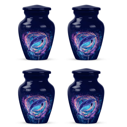 Azure Dolphin Cremation Urn side profile showing urn shape - timeless dolphin motif etched into premium metal - 10 inch aluminum urn for cremated remains