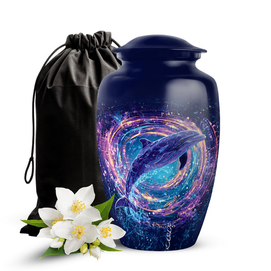 Calming Blue Dolphin Cremation Urn angled view of lid and engraved motif - elegant classic dolphin relief with fine detailing - full-size 10 inch 200 cubic inch adult cremation urn