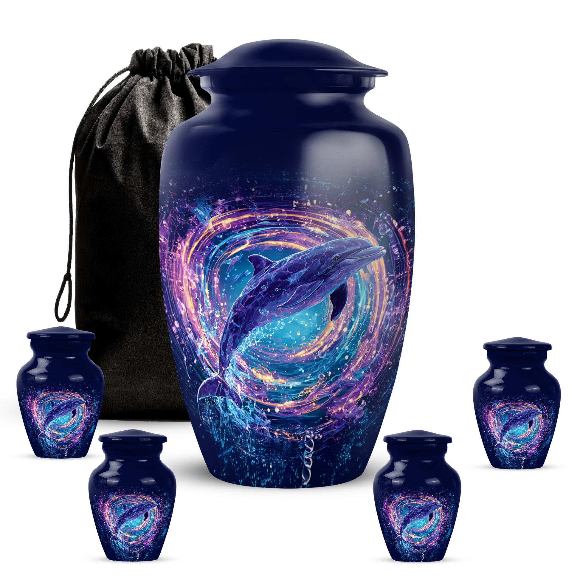 Royal Blue Dolphin Cremation Urn top-down view of secure threaded lid - traditional dolphin engraving with hand-polished finish - memorial set with one large and four small urns