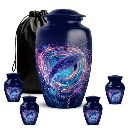 Royal Blue Dolphin Cremation Urn top-down view of secure threaded lid - traditional dolphin engraving with hand-polished finish - memorial set with one large and four small urns