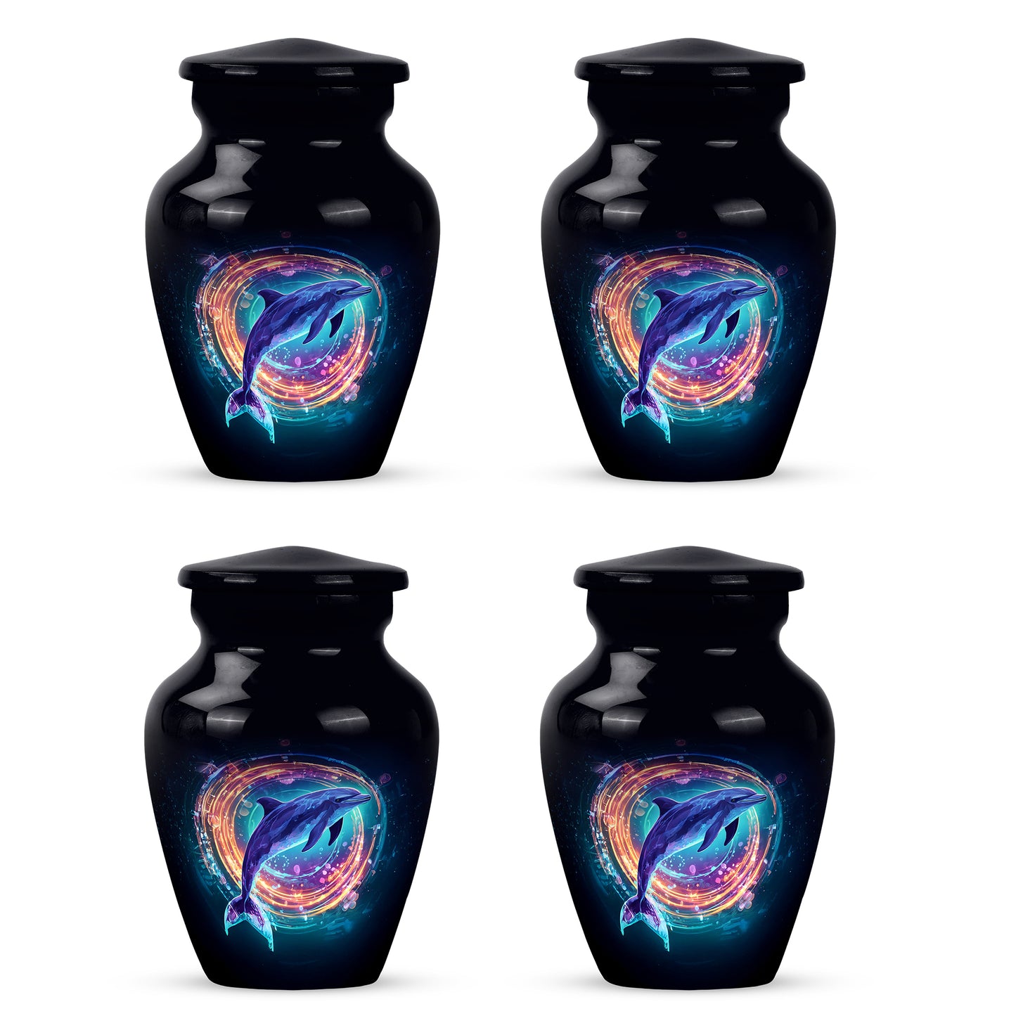 Jet Black Dolphin Cremation Urn side profile showing urn shape - timeless dolphin motif etched into premium metal - 10 inch aluminum urn for cremated remains