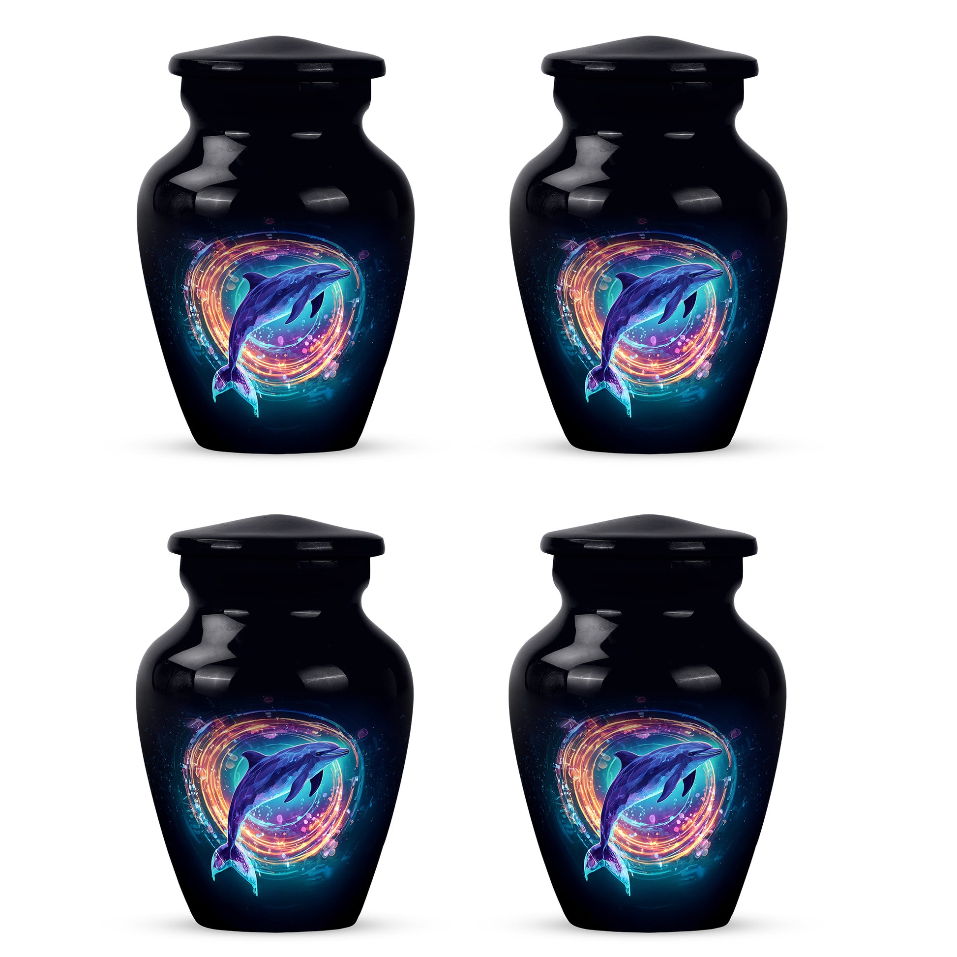 Jet Black Dolphin Cremation Urn side profile showing urn shape - timeless dolphin motif etched into premium metal - 10 inch aluminum urn for cremated remains