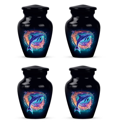 Jet Black Dolphin Cremation Urn side profile showing urn shape - timeless dolphin motif etched into premium metal - 10 inch aluminum urn for cremated remains