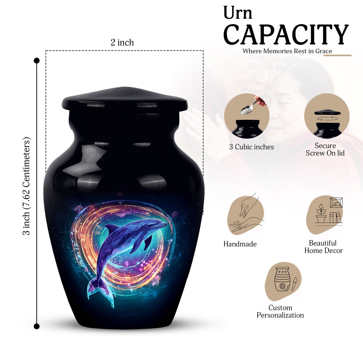 Jet Black Dolphin Cremation Urn close-up of engraving and surface detail - timeless dolphin motif etched into premium metal - mini keepsake memorial for portion of cremation ashes