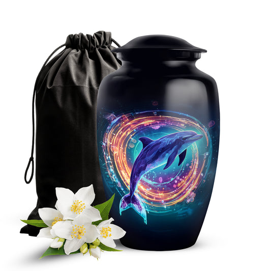 Glossy Black Dolphin Cremation Urn angled view of lid and engraved motif - timeless dolphin motif etched into premium metal - full-size 10 inch 200 cubic inch adult cremation urn