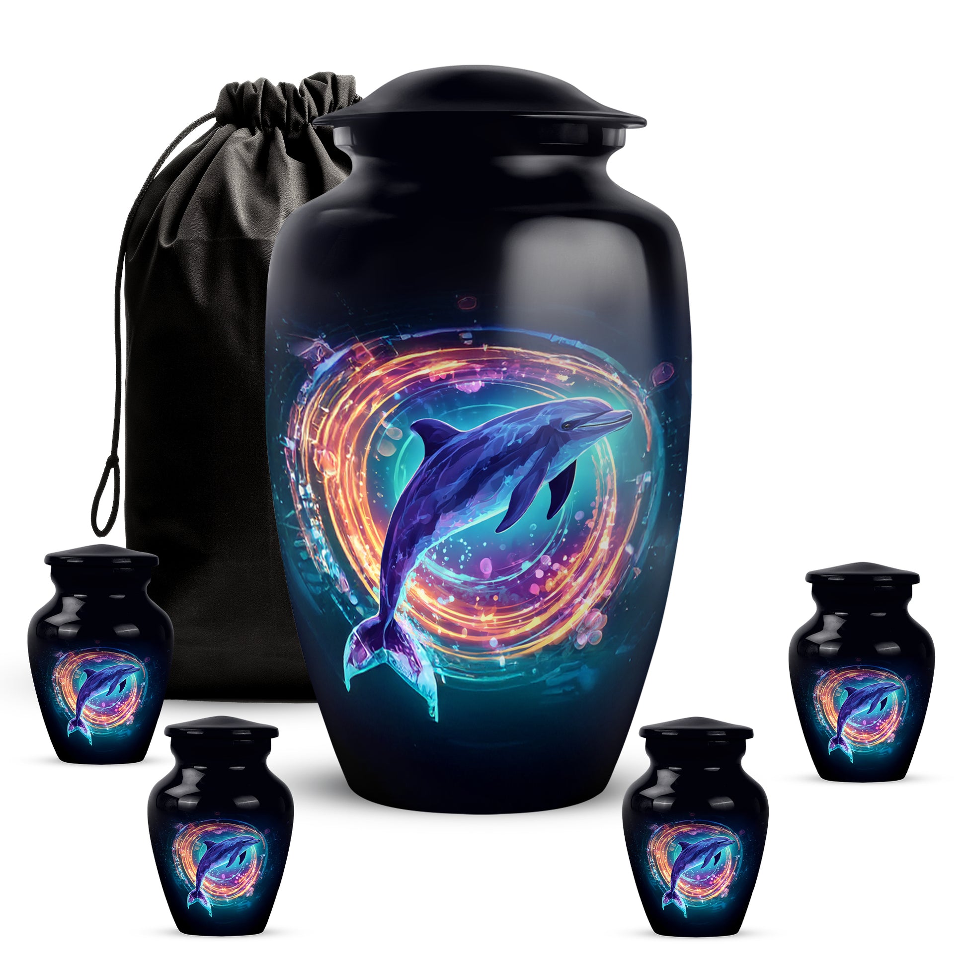 Glossy Black Dolphin Cremation Urn top-down view of secure threaded lid - timeless dolphin motif etched into premium metal - memorial set with one large and four small urns