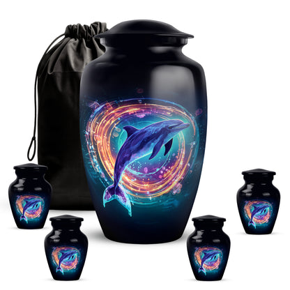 Glossy Black Dolphin Cremation Urn top-down view of secure threaded lid - timeless dolphin motif etched into premium metal - memorial set with one large and four small urns