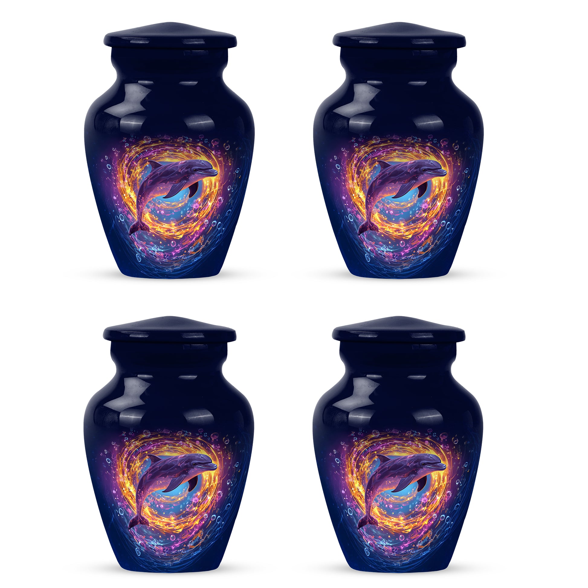 Twilight Blue Dolphin Cremation Urn side profile showing urn shape - traditional dolphin engraving with hand-polished finish - 10 inch aluminum urn for cremated remains