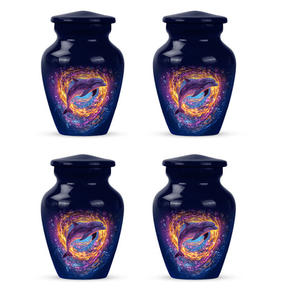 Twilight Blue Dolphin Cremation Urn side profile showing urn shape - traditional dolphin engraving with hand-polished finish - 10 inch aluminum urn for cremated remains