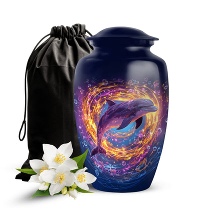 Twilight Blue Dolphin Cremation Urn angled view of lid and engraved motif - elegant classic dolphin relief with fine detailing - full-size 10 inch 200 cubic inch adult cremation urn
