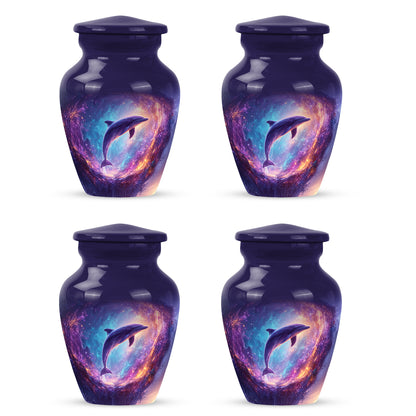 Pastel Blue Dolphin Cremation Urn side profile showing urn shape - timeless dolphin motif etched into premium metal - 10 inch aluminum urn for cremated remains