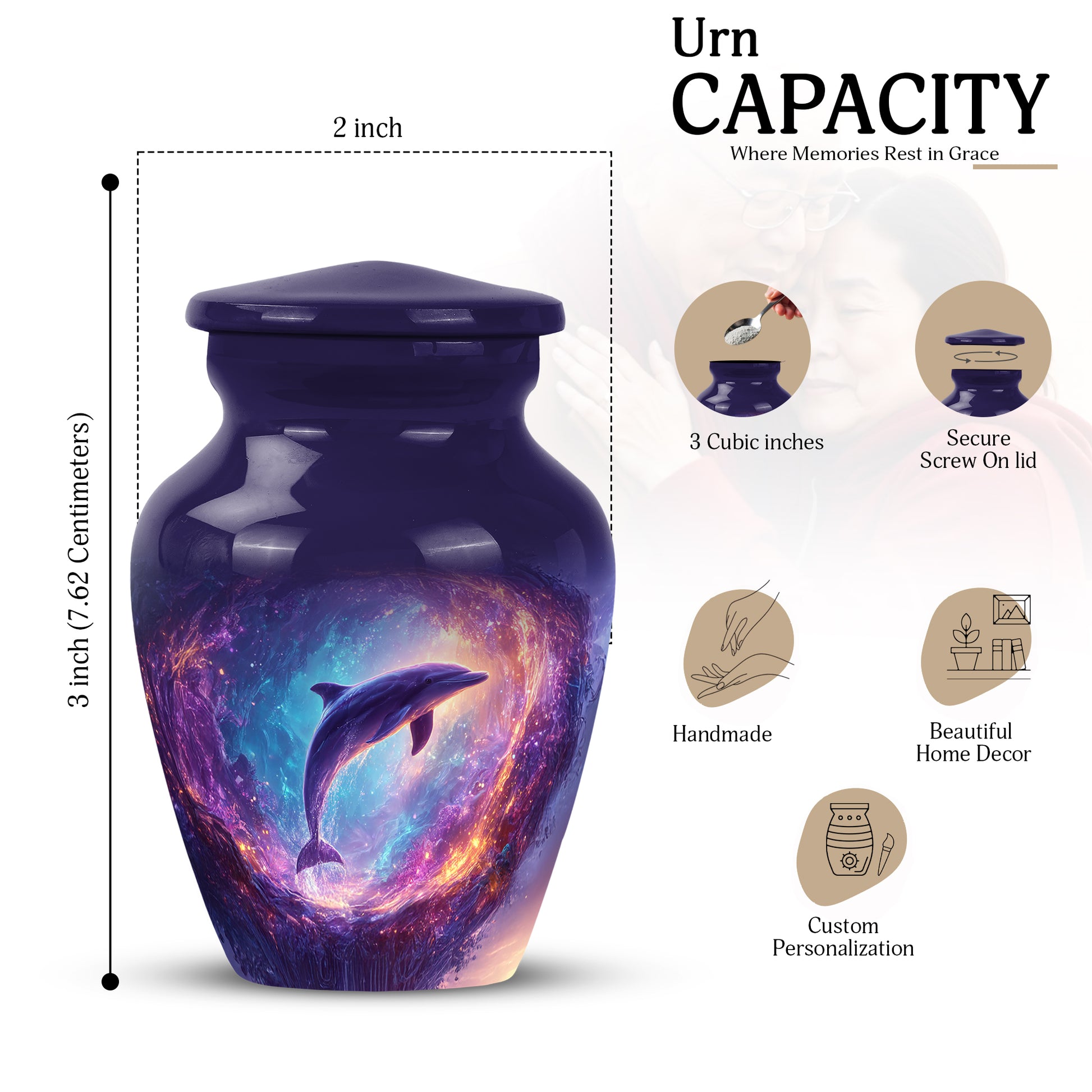 Vivid Blue Dolphin Cremation Urn close-up of engraving and surface detail - traditional dolphin engraving with hand-polished finish - mini keepsake memorial for portion of cremation ashes