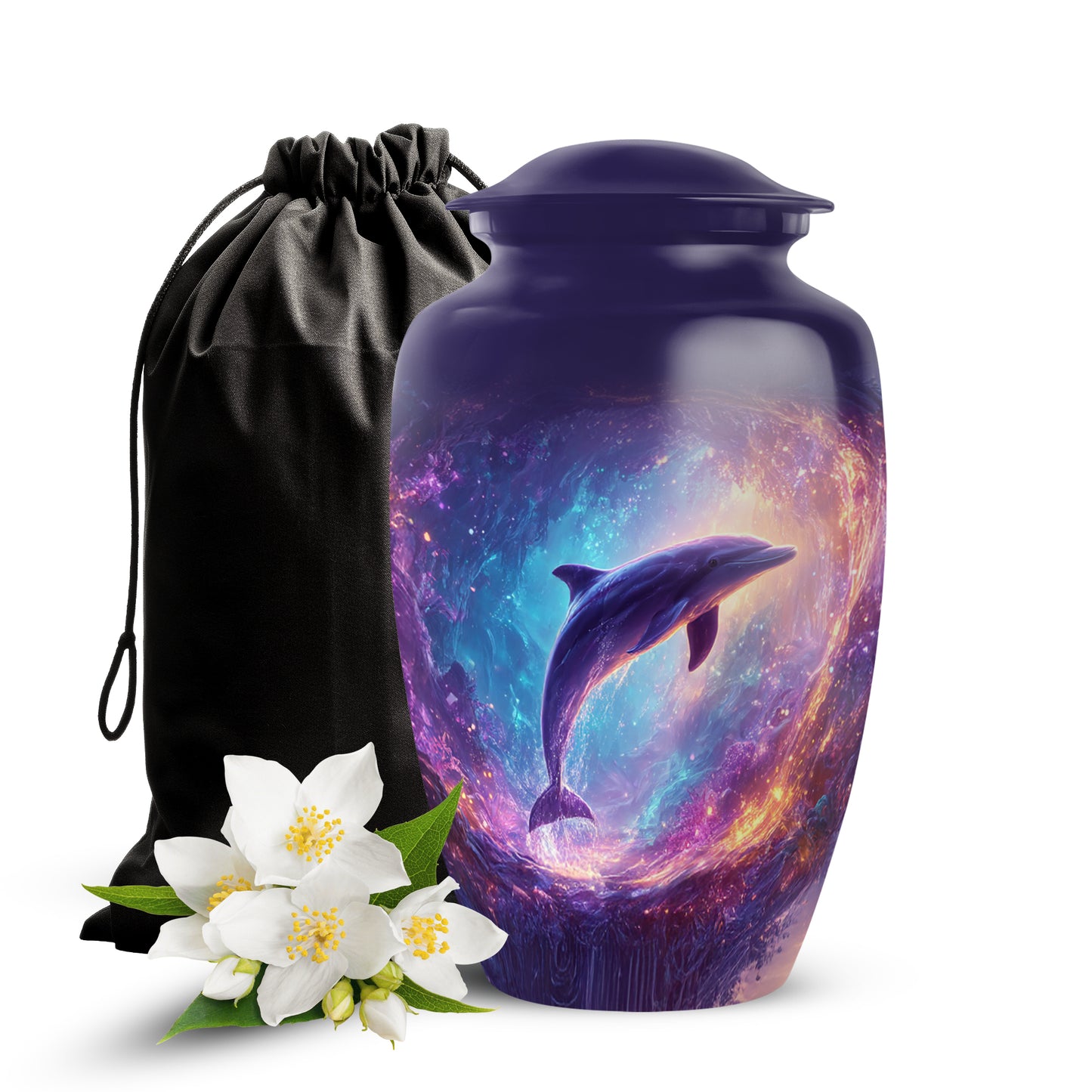 Dusty Blue Dolphin Cremation Urn angled view of lid and engraved motif - classic sculpted dolphin pattern on smooth aluminum - full-size 10 inch 200 cubic inch adult cremation urn