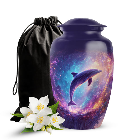 Dusty Blue Dolphin Cremation Urn angled view of lid and engraved motif - classic sculpted dolphin pattern on smooth aluminum - full-size 10 inch 200 cubic inch adult cremation urn