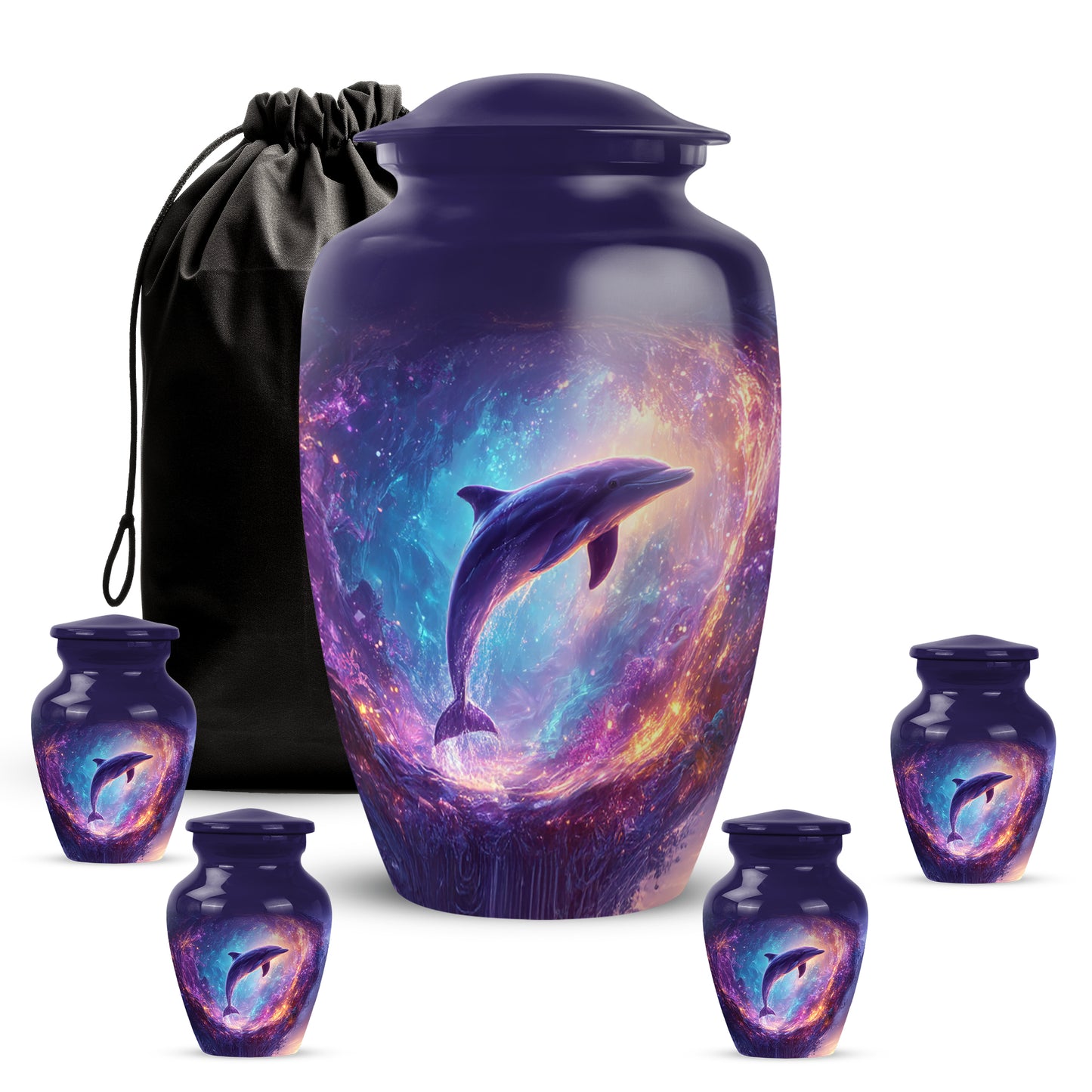 Slate Blue Dolphin Cremation Urn top-down view of secure threaded lid - timeless dolphin motif etched into premium metal - memorial set with one large and four small urns