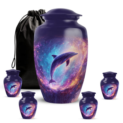 Slate Blue Dolphin Cremation Urn top-down view of secure threaded lid - timeless dolphin motif etched into premium metal - memorial set with one large and four small urns