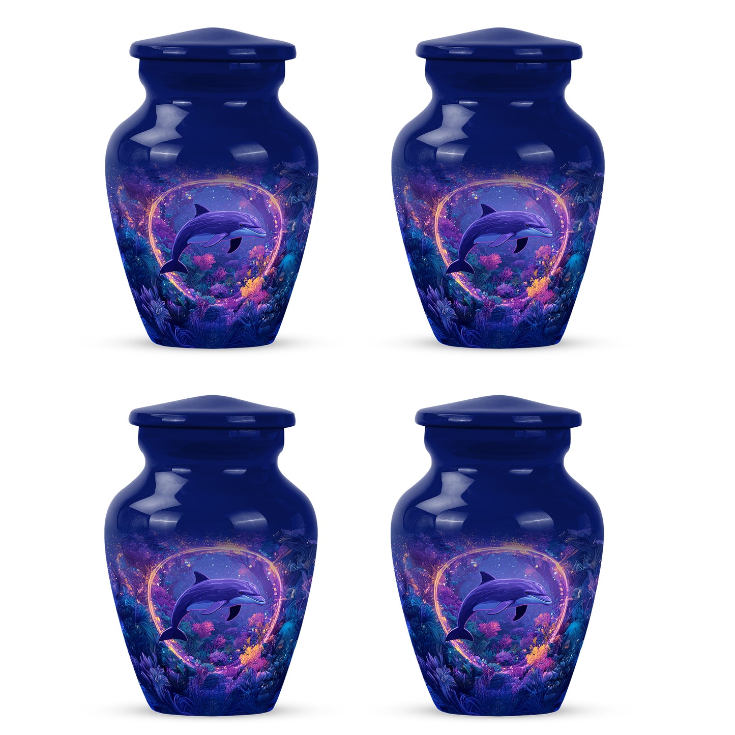 Indigo Dolphin Cremation Urn side profile showing urn shape - timeless dolphin motif etched into premium metal - 10 inch aluminum urn for cremated remains