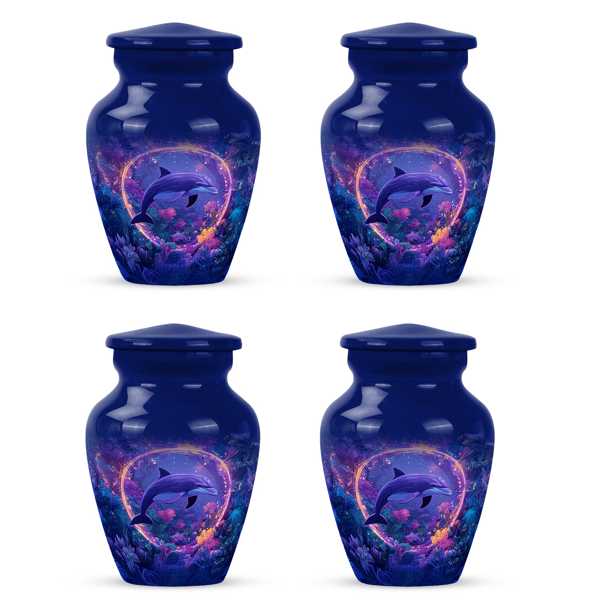 Indigo Dolphin Cremation Urn side profile showing urn shape - timeless dolphin motif etched into premium metal - 10 inch aluminum urn for cremated remains