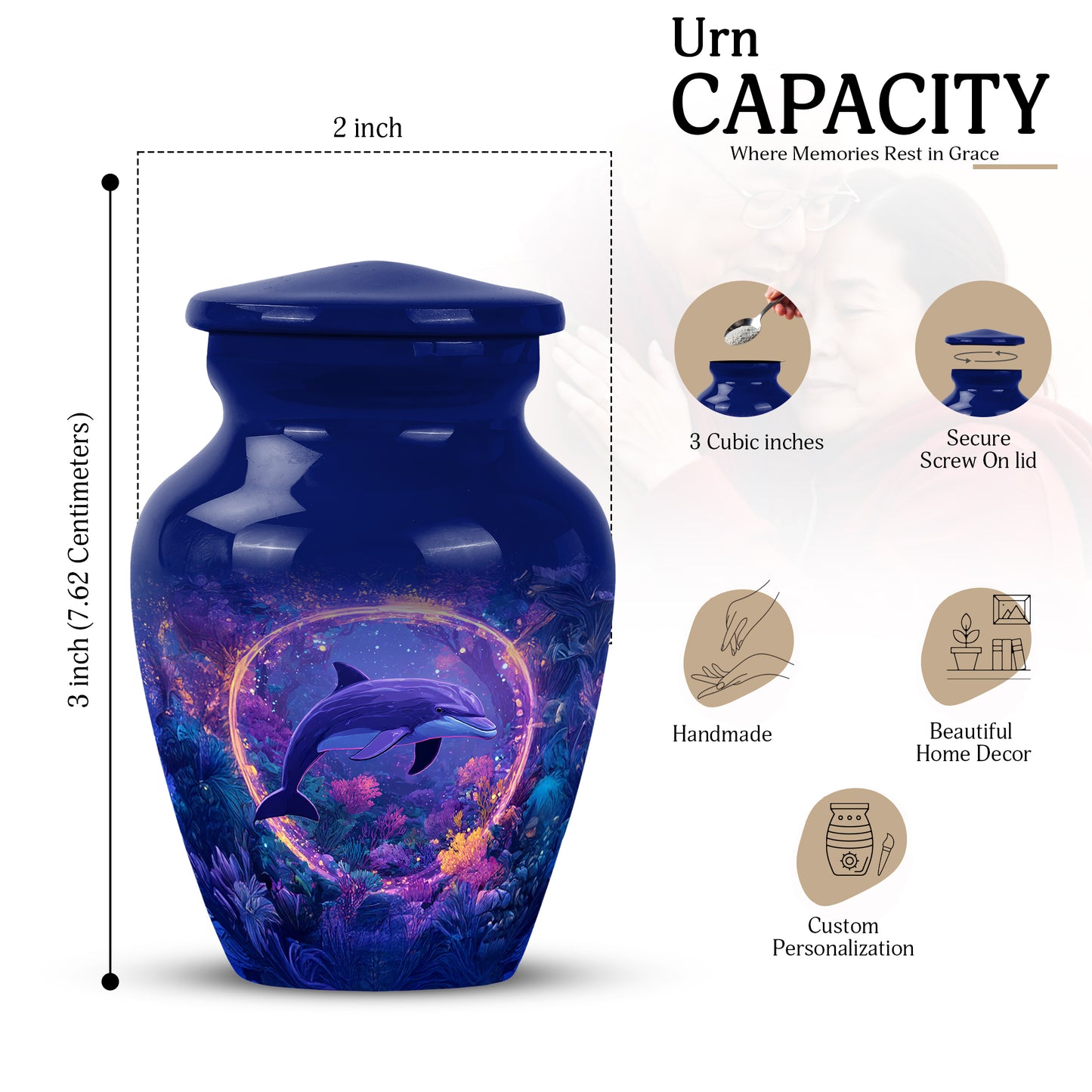 Calming Blue Dolphin Cremation Urn close-up of engraving and surface detail - traditional dolphin engraving with hand-polished finish - mini keepsake memorial for portion of cremation ashes