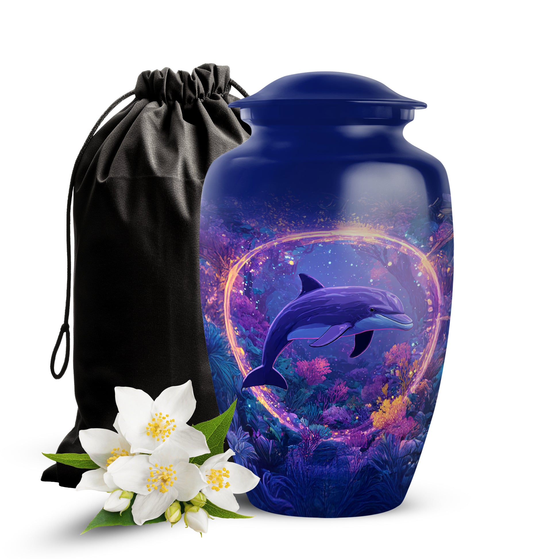 Pastel Blue Dolphin Cremation Urn angled view of lid and engraved motif - timeless dolphin motif etched into premium metal - full-size 10 inch 200 cubic inch adult cremation urn