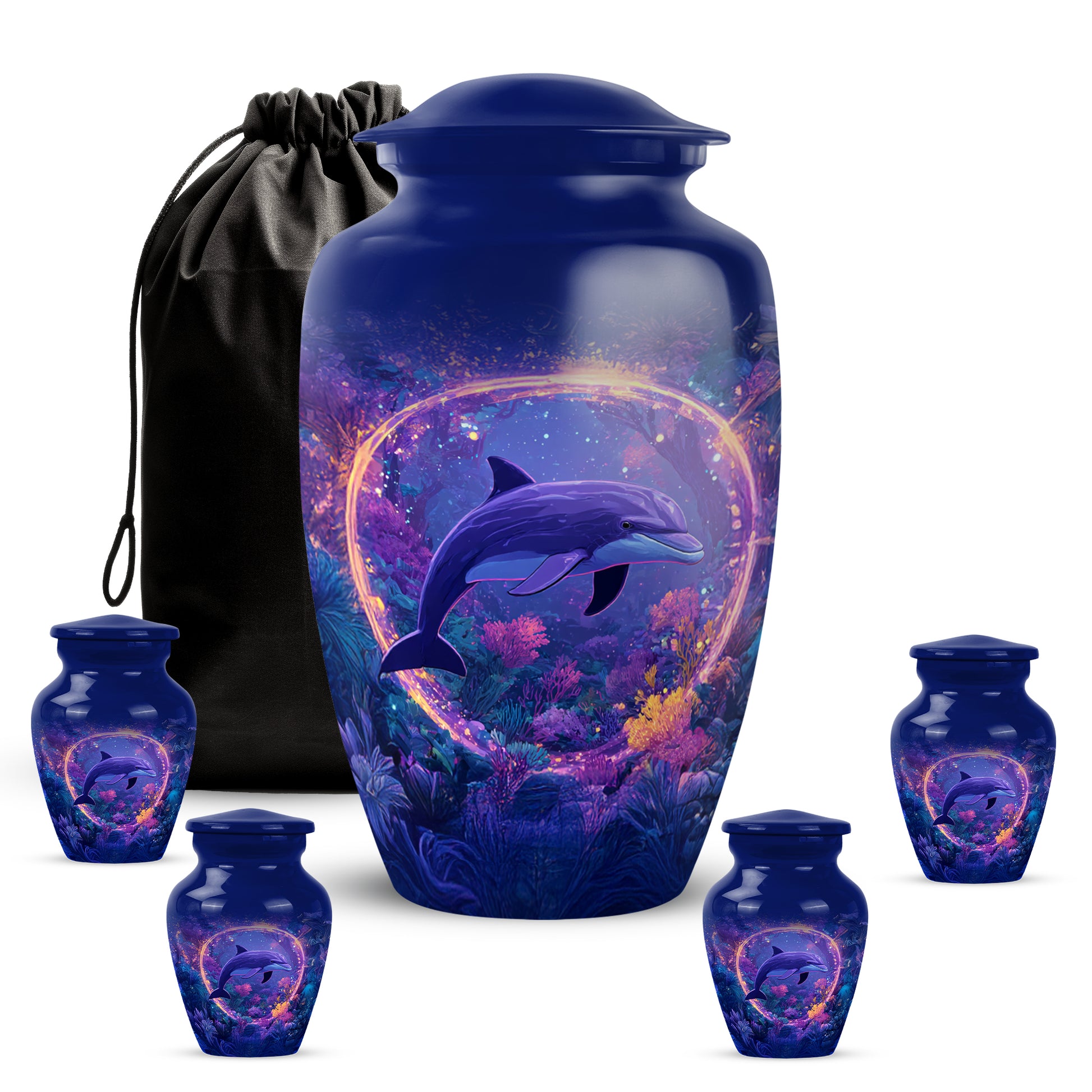 Royal Blue Dolphin Cremation Urn top-down view of secure threaded lid - traditional dolphin engraving with hand-polished finish - memorial set with one large and four small urns