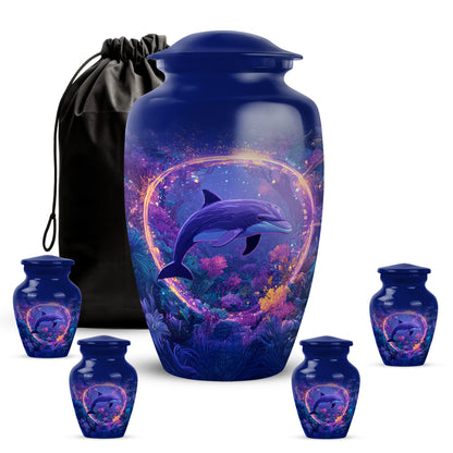 Royal Blue Dolphin Cremation Urn top-down view of secure threaded lid - traditional dolphin engraving with hand-polished finish - memorial set with one large and four small urns