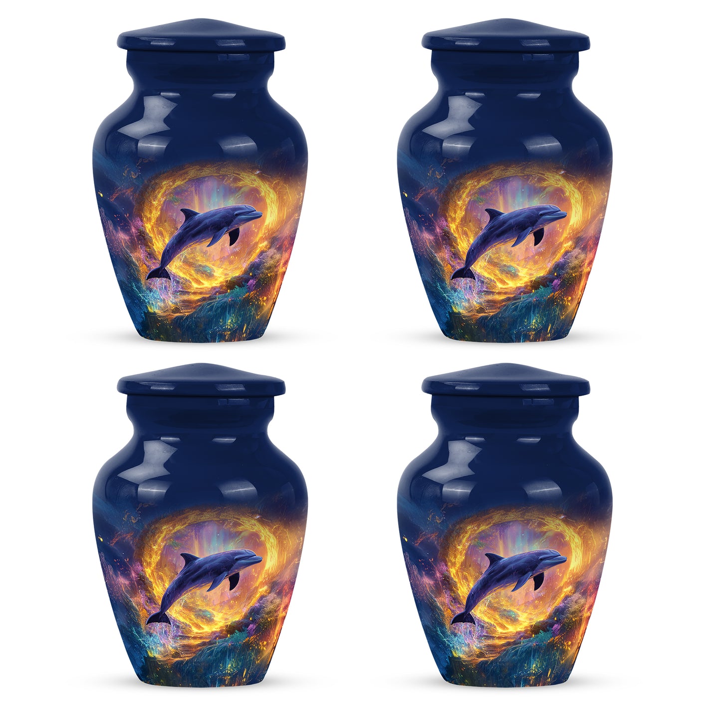 Navy Blue Dolphin Cremation Urn side profile showing urn shape - timeless dolphin motif etched into premium metal - 10 inch aluminum urn for cremated remains