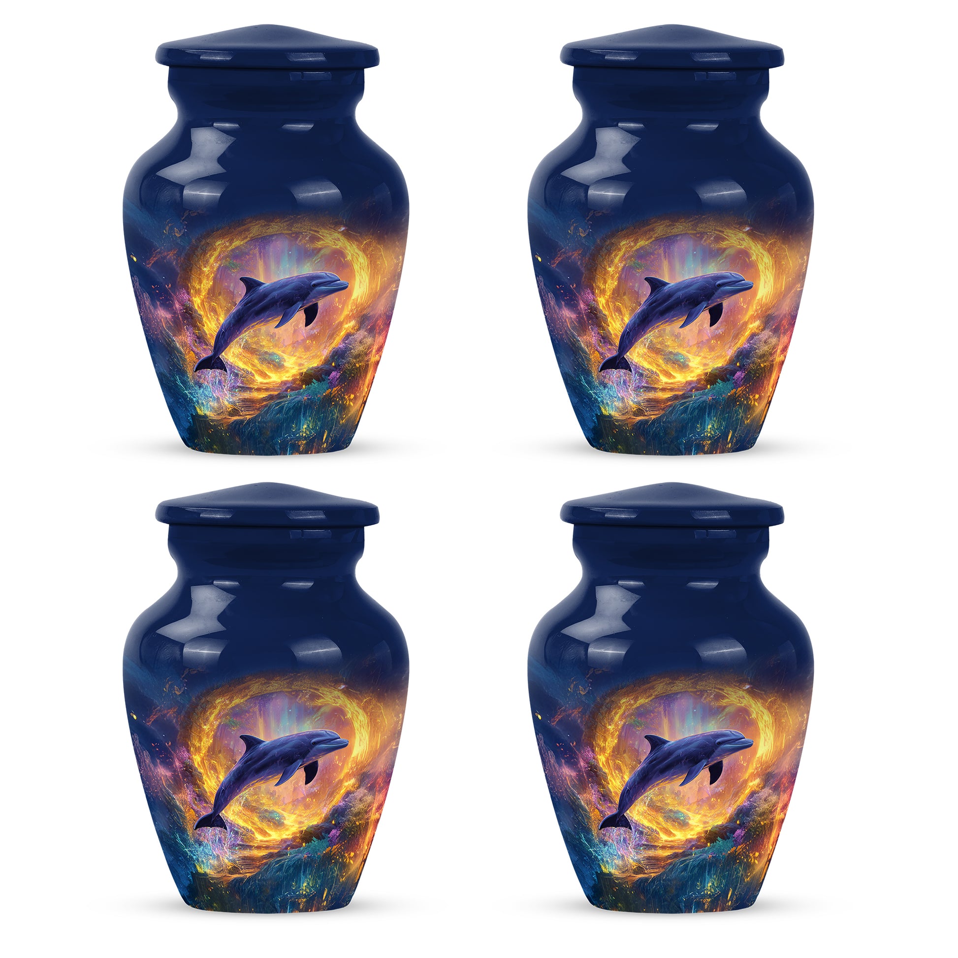 Navy Blue Dolphin Cremation Urn side profile showing urn shape - timeless dolphin motif etched into premium metal - 10 inch aluminum urn for cremated remains