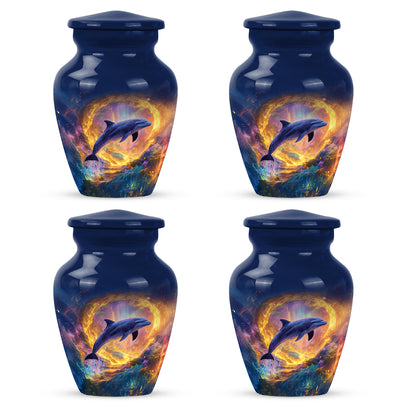 Navy Blue Dolphin Cremation Urn side profile showing urn shape - timeless dolphin motif etched into premium metal - 10 inch aluminum urn for cremated remains