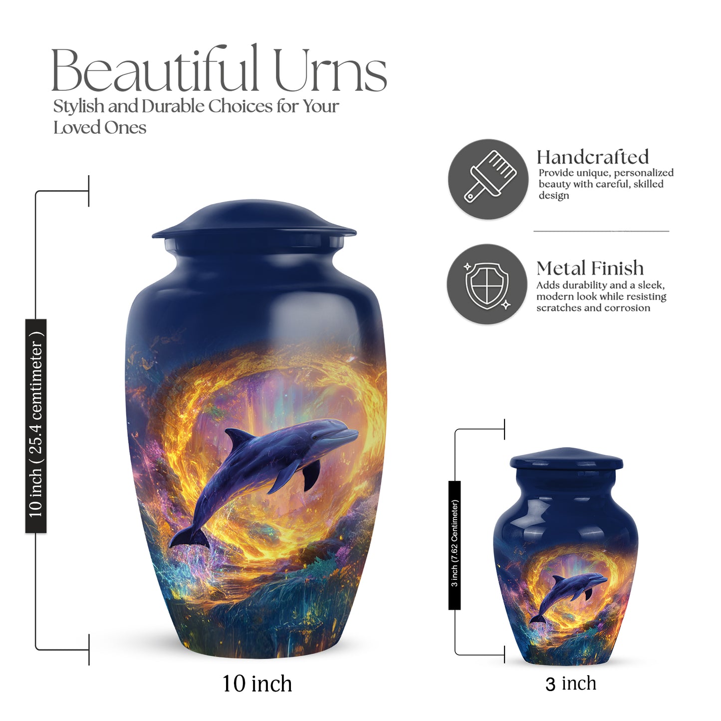 Royal Blue Dolphin Cremation Urn close-up of engraving and surface detail - traditional dolphin engraving with hand-polished finish - mini keepsake memorial for portion of cremation ashes