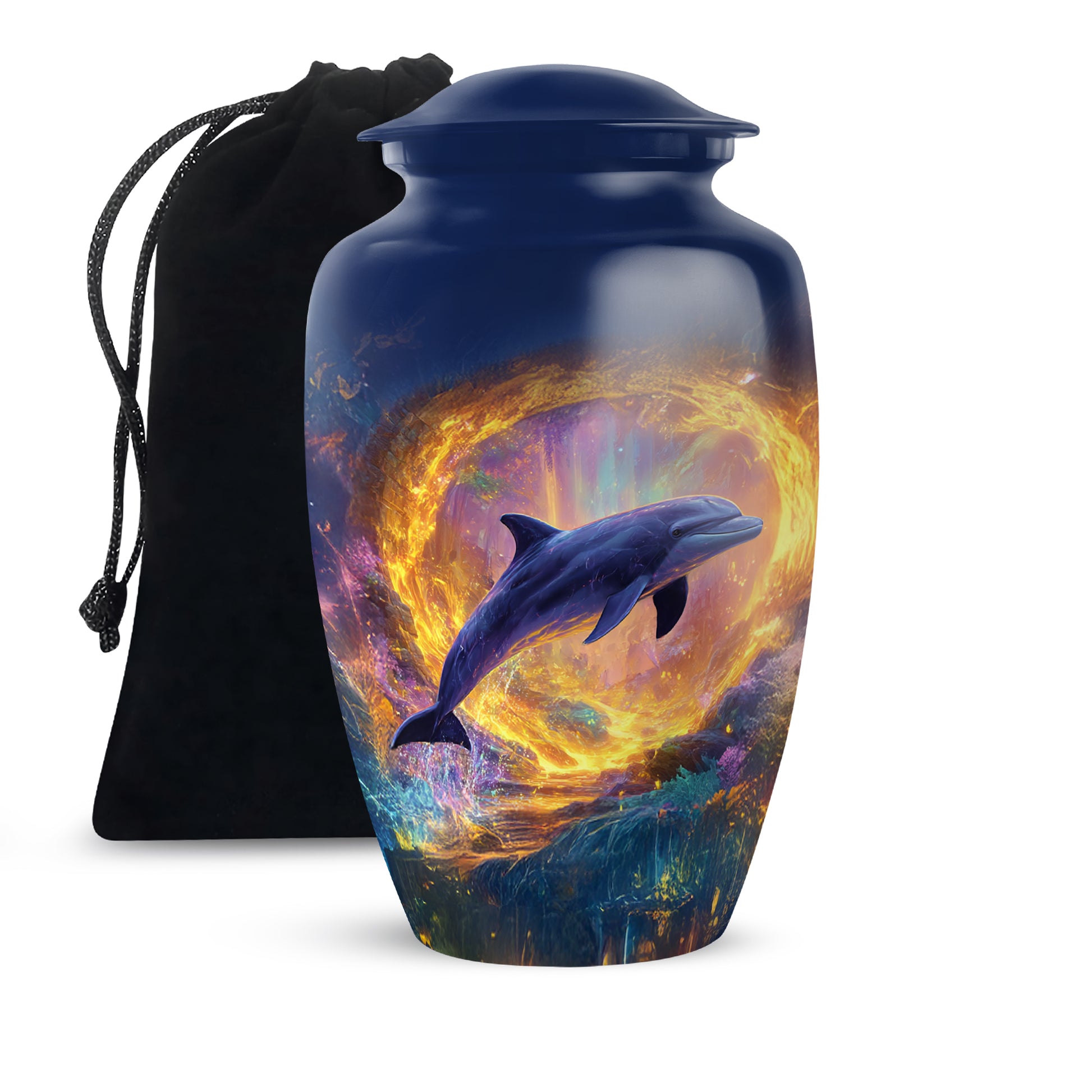 Indigo Dolphin Cremation Urn angled view of lid and engraved motif - timeless dolphin motif etched into premium metal - full-size 10 inch 200 cubic inch adult cremation urn