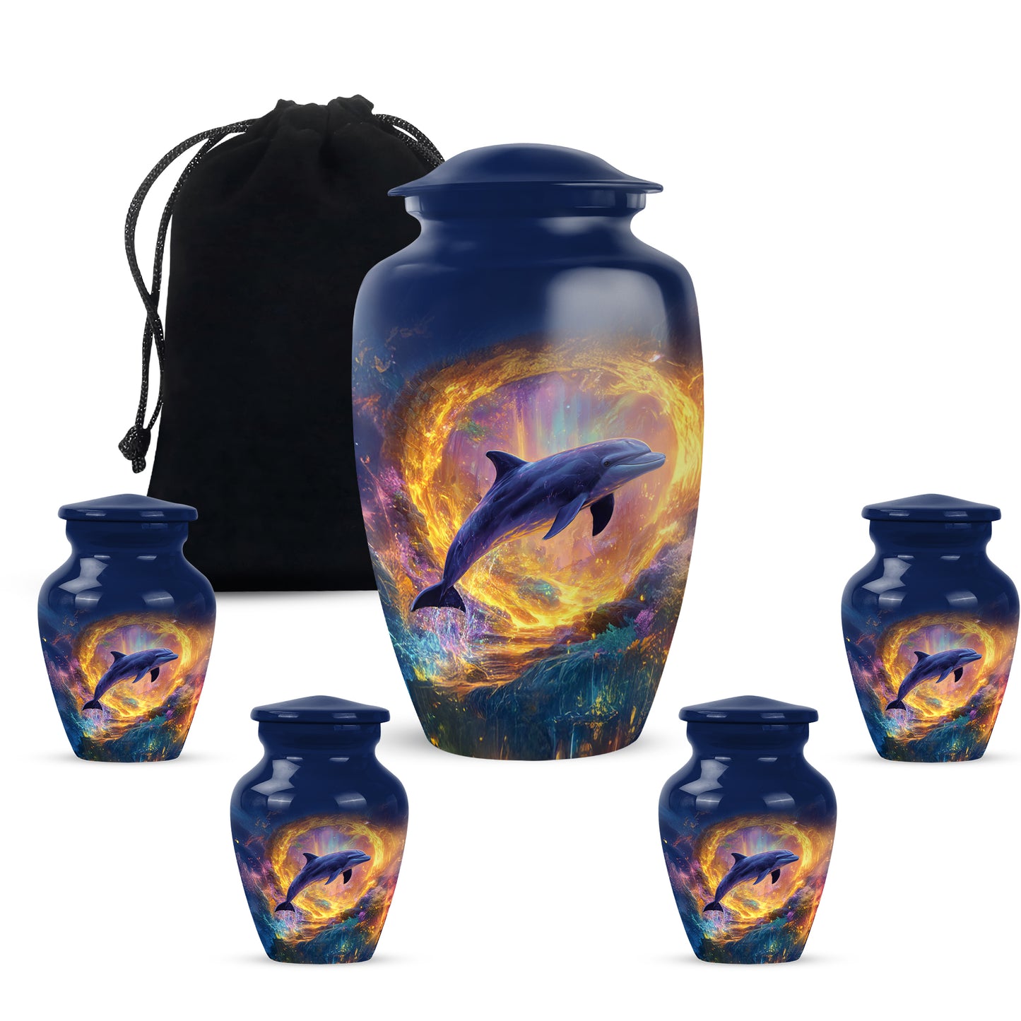Dusty Blue Dolphin Cremation Urn top-down view of secure threaded lid - classic sculpted dolphin pattern on smooth aluminum - memorial set with one large and four small urns