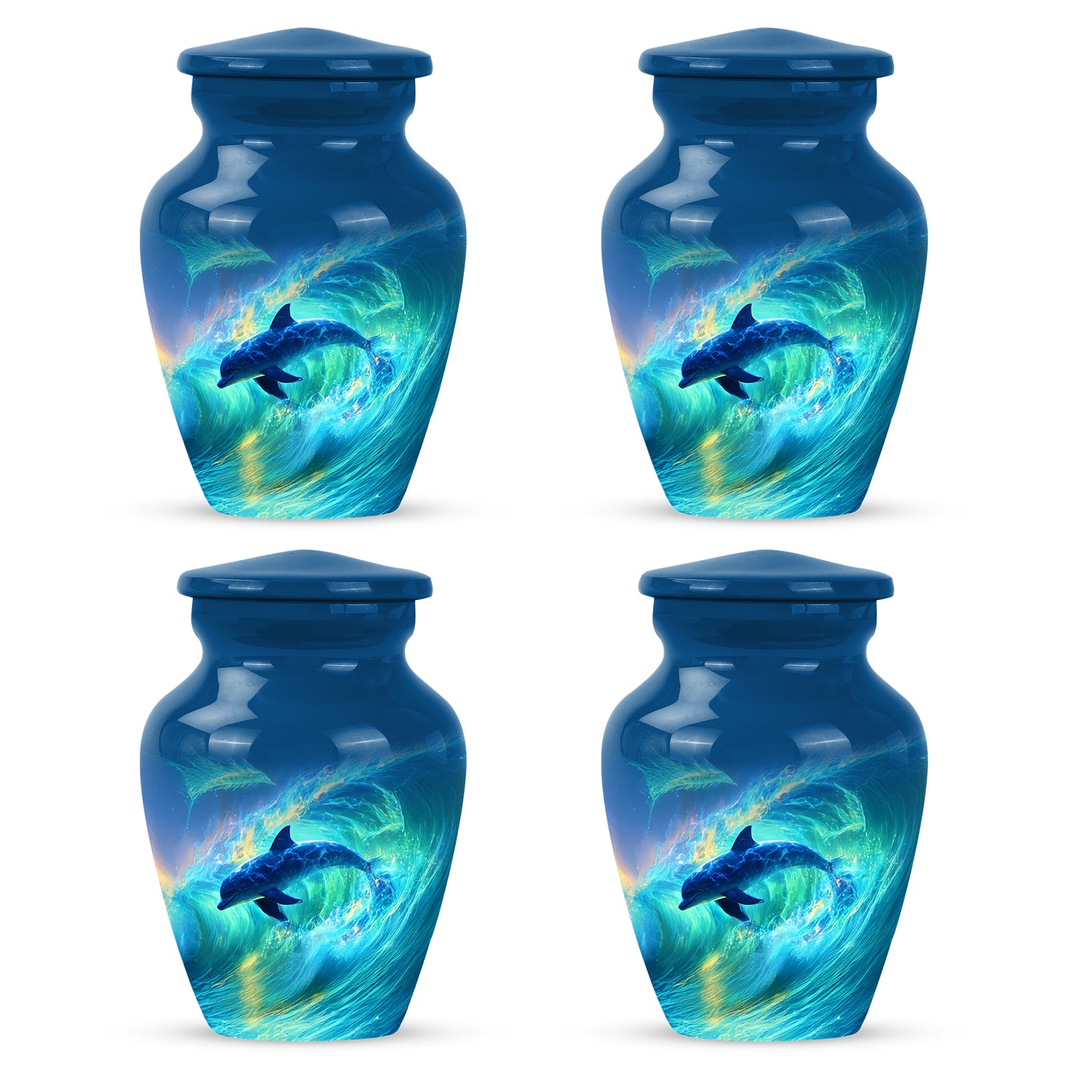 Cornflower Blue Dolphin Cremation Urn side profile showing urn shape - elegant classic dolphin relief with fine detailing - 10 inch aluminum urn for cremated remains